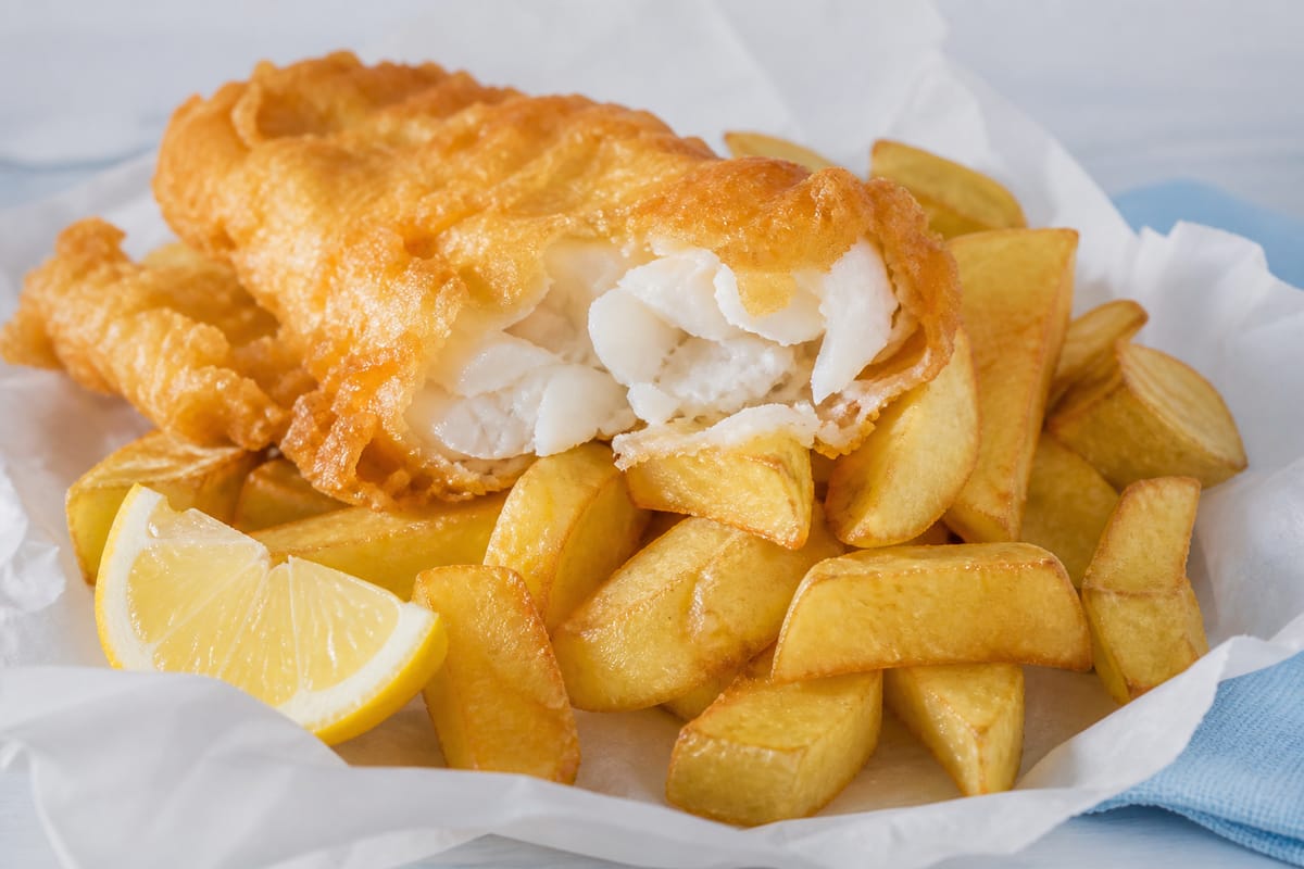 Cod in golden batter with thick-cut chips