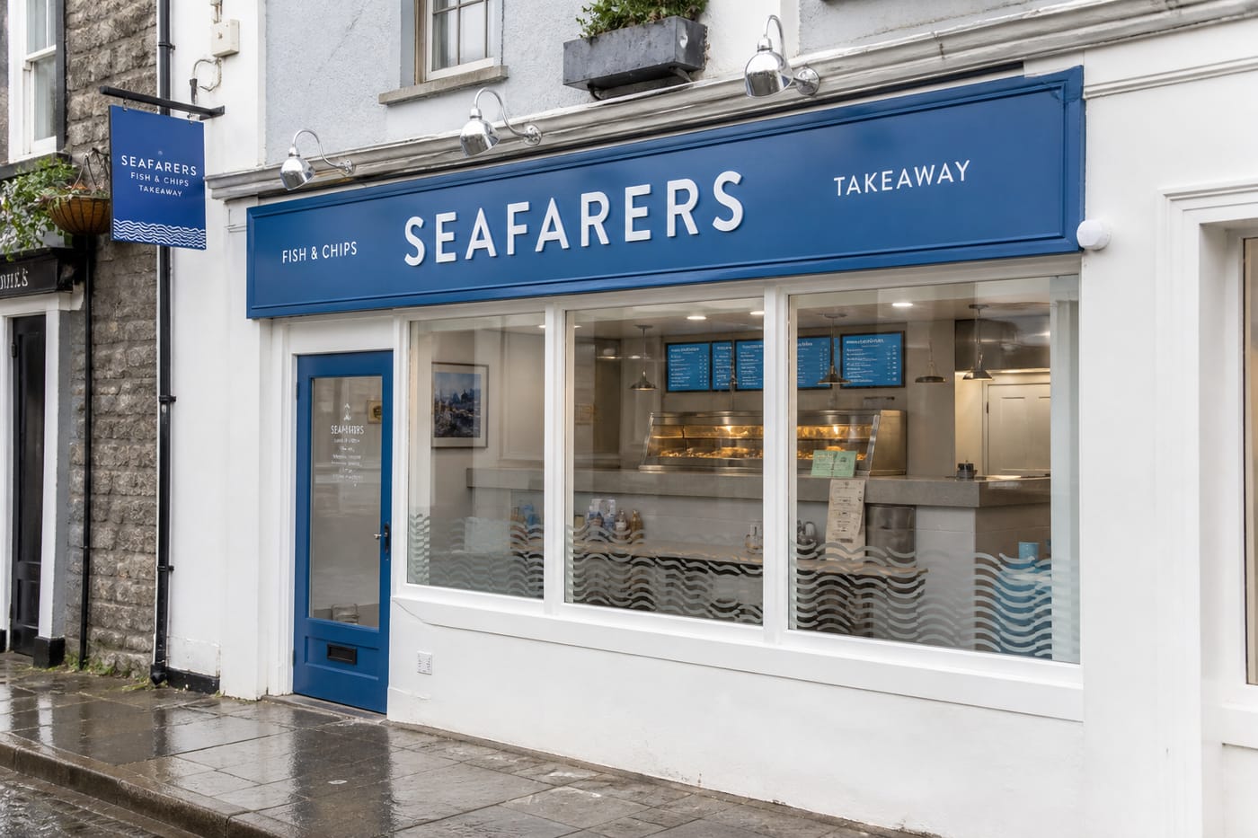 Seafarers blue and white fish and chip shop on Rayrigg Road